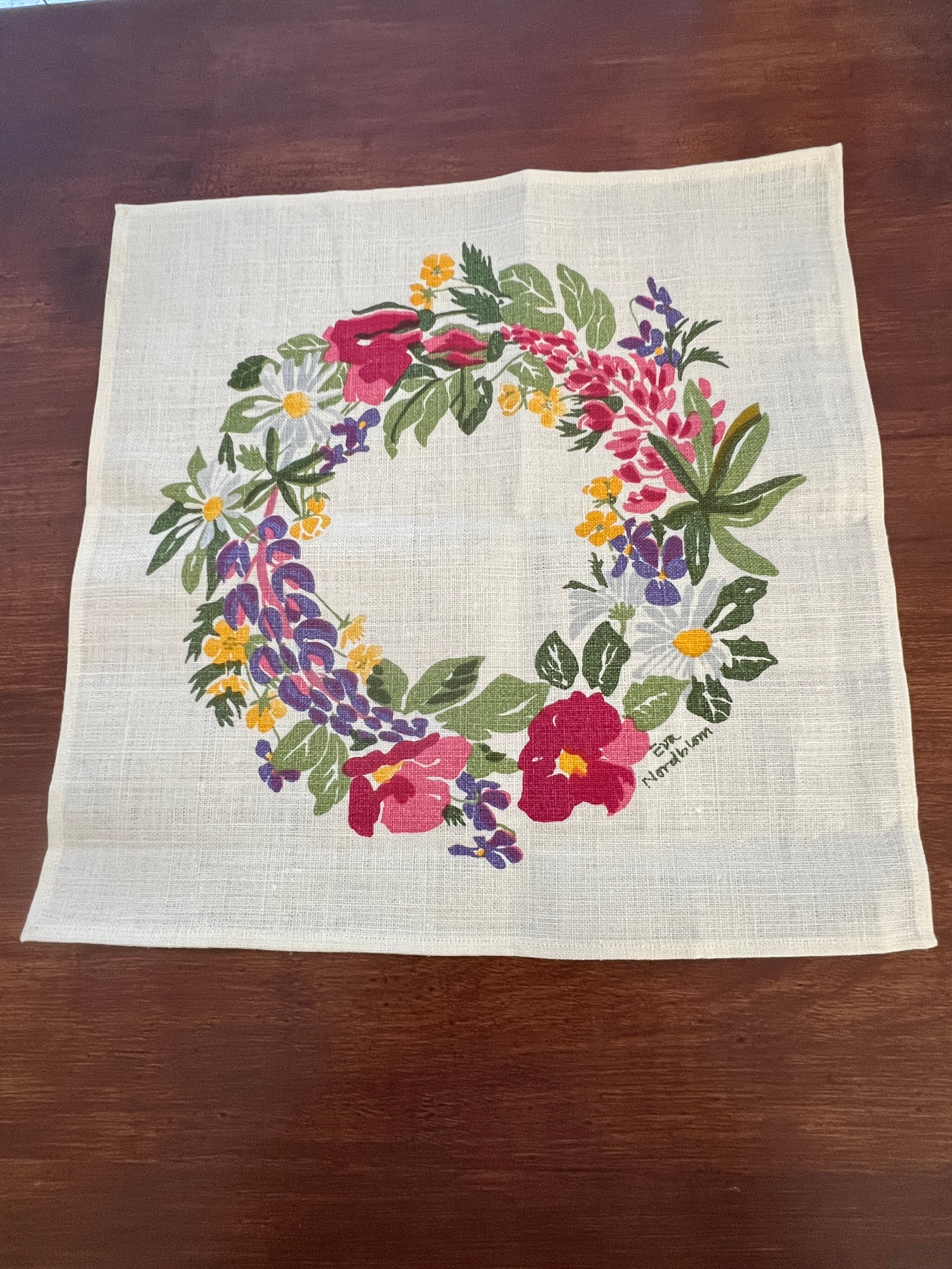 Vintage Swedish Lupinus Wreath Hand-Printed Linen Dolly by Eva Nordblom for Jobs Handtryck Leksand