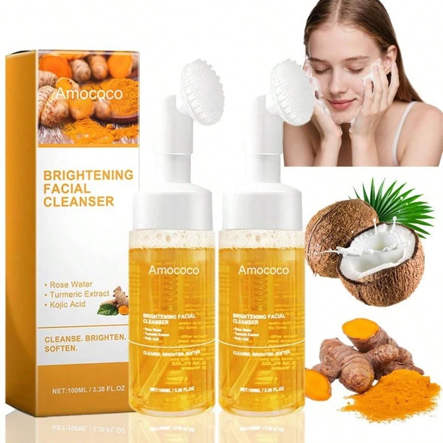 Turmeric Brightening Mousse Facial Cleanser with Kojic Acid & Niacinamide - 2-Pack Deep Cleansing Formula with Silicone Massage Head, 100ml Each