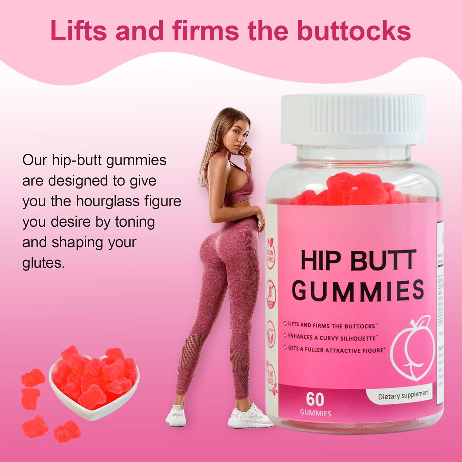 Hip Butt Gummies BBL Gummies Butt Lift Gummies for Women, with Vitamins A, B-6, C and E – 60 Count
