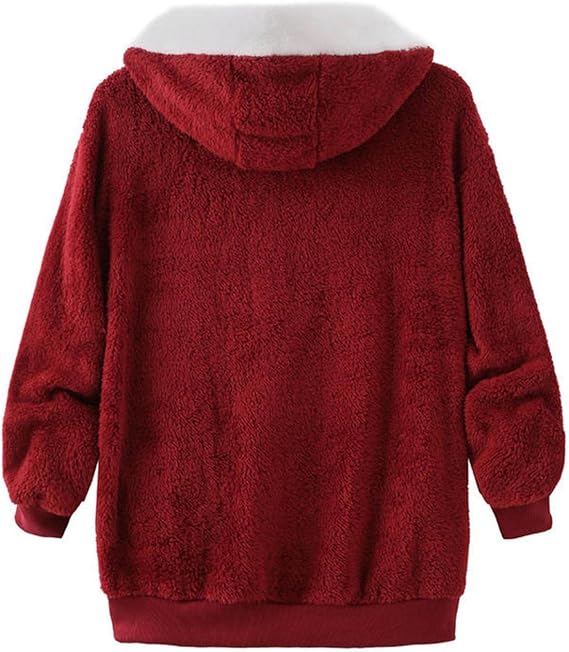 Women’s Hooded Fleece Jacket with Zipper and Pockets, Red Wine/White, XL