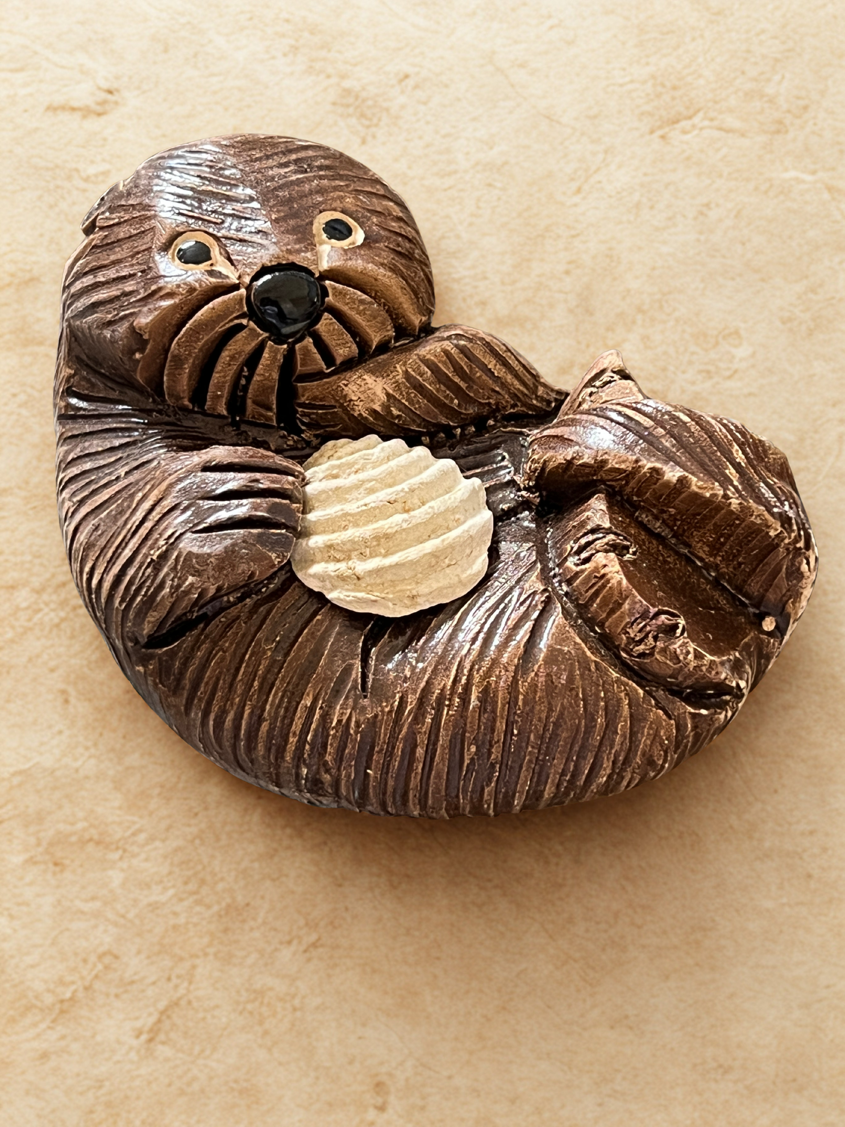 VINTAGE 1970s Artesania Rinconada Sea Otter with Shell Figurine | Signed Uruguayan Art Pottery