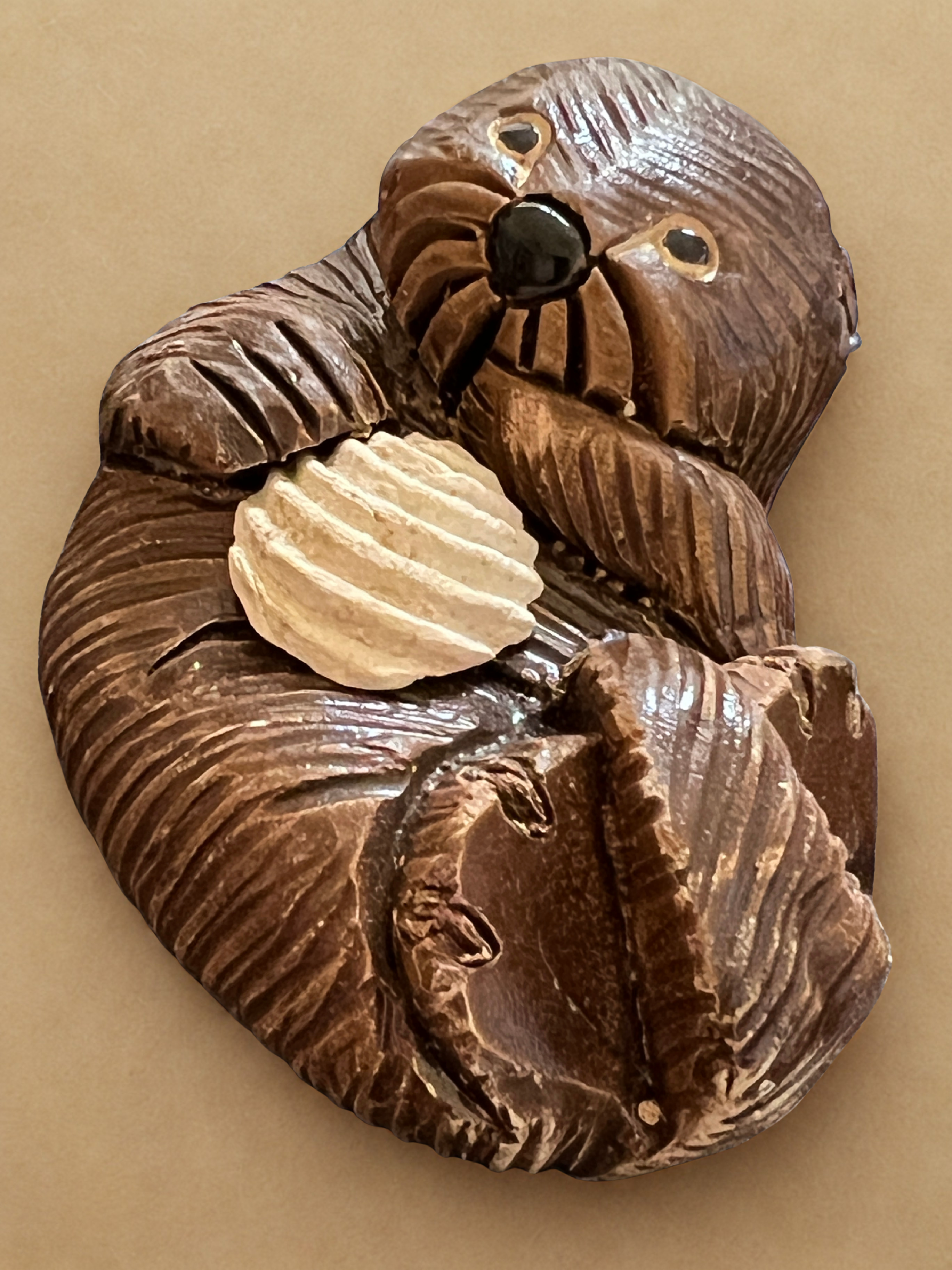 VINTAGE 1970s Artesania Rinconada Sea Otter with Shell Figurine | Signed Uruguayan Art Pottery