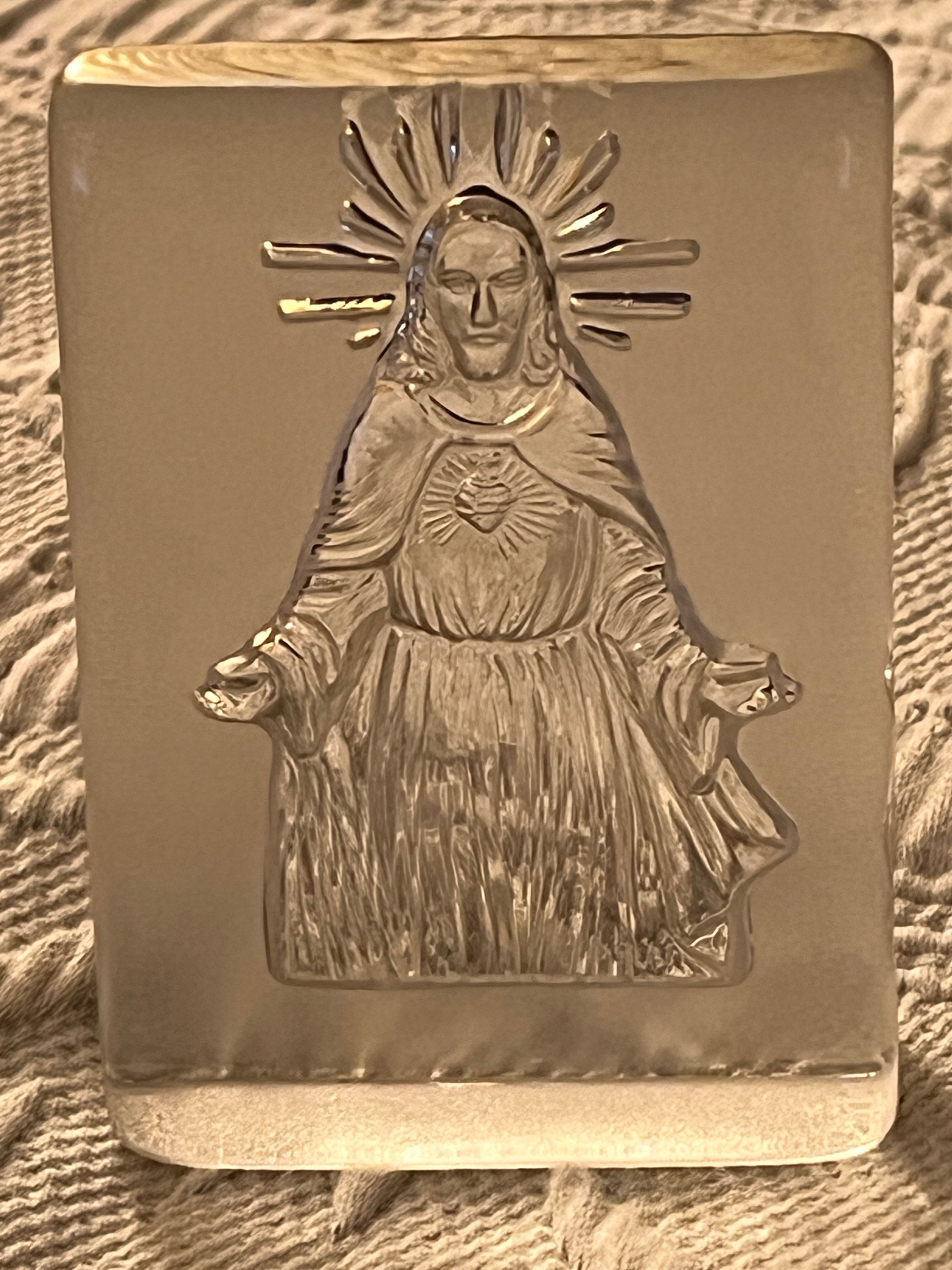 Vintage Sacred Heart of Jesus Glass Art Paperweight | Etched Clear Crystal Figurine | Religious Icon Home Décor