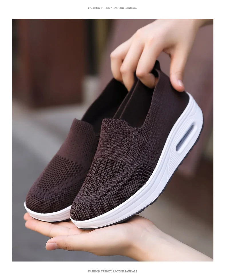 Women’s Walking Shoes - Mesh Air Cushion Slip-On Platform Wedge Rocker Shoes, Brown, Size 9.5