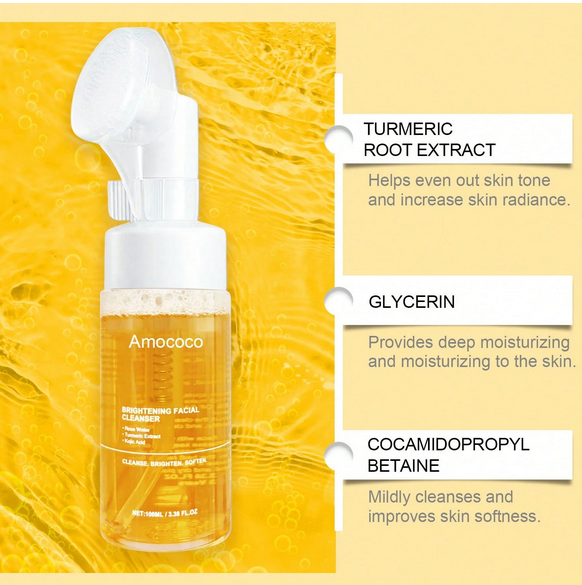 Turmeric Brightening Mousse Facial Cleanser with Kojic Acid & Niacinamide - 2-Pack Deep Cleansing Formula with Silicone Massage Head, 100ml Each