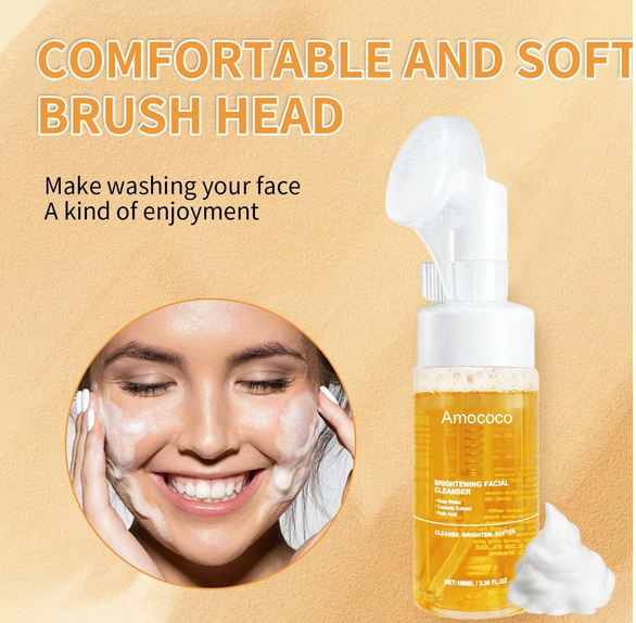 Turmeric Brightening Mousse Facial Cleanser with Kojic Acid & Niacinamide - 2-Pack Deep Cleansing Formula with Silicone Massage Head, 100ml Each