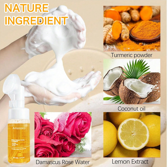 Turmeric Brightening Mousse Facial Cleanser with Kojic Acid & Niacinamide - 2-Pack Deep Cleansing Formula with Silicone Massage Head, 100ml Each