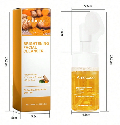 Turmeric Brightening Mousse Facial Cleanser with Kojic Acid & Niacinamide - 2-Pack Deep Cleansing Formula with Silicone Massage Head, 100ml Each