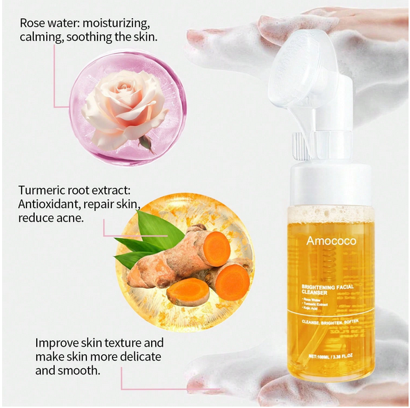 Turmeric Brightening Mousse Facial Cleanser with Kojic Acid & Niacinamide - 2-Pack Deep Cleansing Formula with Silicone Massage Head, 100ml Each