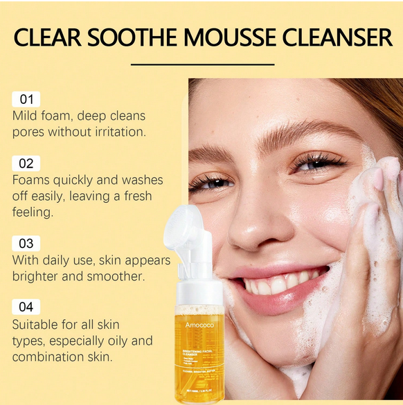 Turmeric Brightening Mousse Facial Cleanser with Kojic Acid & Niacinamide - 2-Pack Deep Cleansing Formula with Silicone Massage Head, 100ml Each