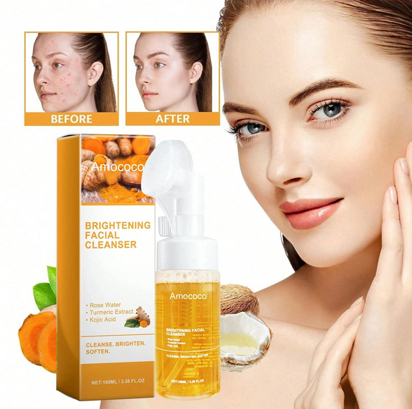 Turmeric Brightening Mousse Facial Cleanser with Kojic Acid & Niacinamide - 2-Pack Deep Cleansing Formula with Silicone Massage Head, 100ml Each
