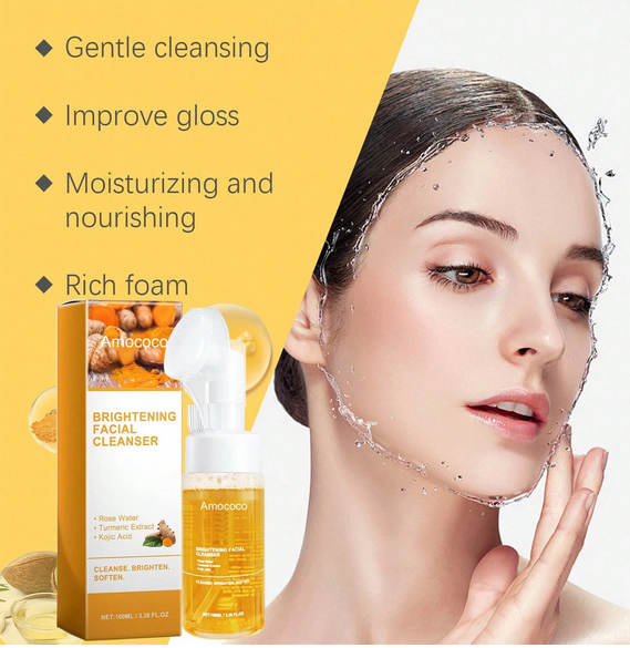 Turmeric Brightening Mousse Facial Cleanser with Kojic Acid & Niacinamide - 2-Pack Deep Cleansing Formula with Silicone Massage Head, 100ml Each