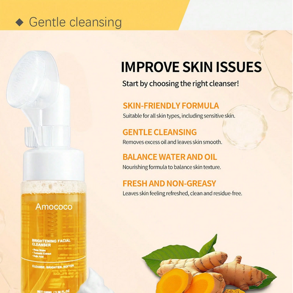 Turmeric Brightening Mousse Facial Cleanser with Kojic Acid & Niacinamide - 2-Pack Deep Cleansing Formula with Silicone Massage Head, 100ml Each