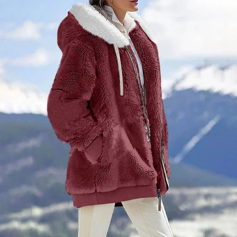 Women’s Hooded Fleece Jacket with Zipper and Pockets, Red Wine/White, XL