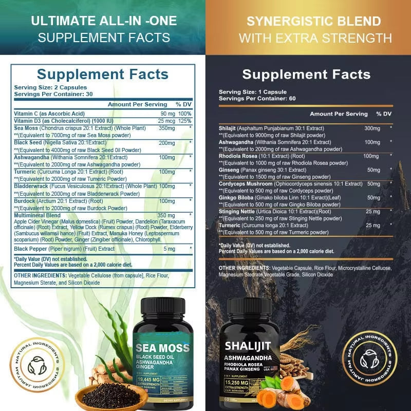 Ultimate Sea Moss & Shilajit Complex, All-in-One Supplement Sea Moss 7000mg, Shilajit 9000mg, Ashwagandha 2000mg, Black Seed Oil 4000mg, Ginkgo Biloba 500mg, Turmeric 2000mg, Rhodiola Rosea 1000mg & More for Energy, Immunity & Wellness, 60 Capsules
