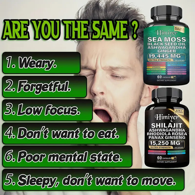 Ultimate Sea Moss & Shilajit Complex, All-in-One Supplement Sea Moss 7000mg, Shilajit 9000mg, Ashwagandha 2000mg, Black Seed Oil 4000mg, Ginkgo Biloba 500mg, Turmeric 2000mg, Rhodiola Rosea 1000mg & More for Energy, Immunity & Wellness, 60 Capsules
