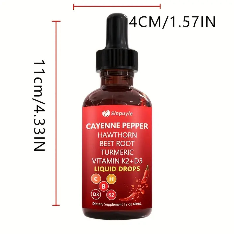 Premium Cayenne Pepper Liquid Drops with Vitamin D3 K2 Complex - Metabolism & Circulation Support Supplement with Turmeric, Ginseng & Hawthorn Berry - Natural Energy Booster for Men & Women - 2 fl oz