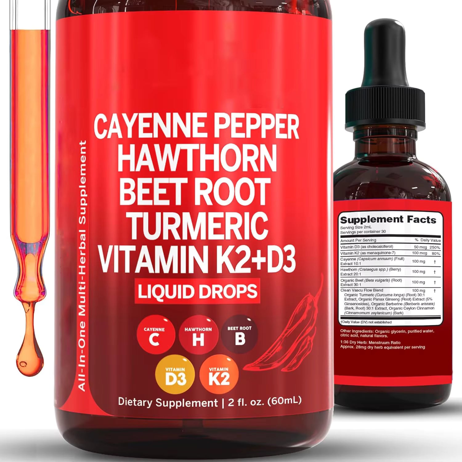 Premium Cayenne Pepper Liquid Drops with Vitamin D3 K2 Complex - Metabolism & Circulation Support Supplement with Turmeric, Ginseng & Hawthorn Berry - Natural Energy Booster for Men & Women - 2 fl oz