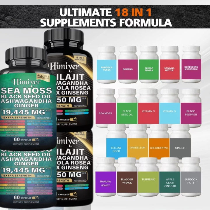 Ultimate Sea Moss & Shilajit Complex, All-in-One Supplement Sea Moss 7000mg, Shilajit 9000mg, Ashwagandha 2000mg, Black Seed Oil 4000mg, Ginkgo Biloba 500mg, Turmeric 2000mg, Rhodiola Rosea 1000mg & More for Energy, Immunity & Wellness, 60 Capsules