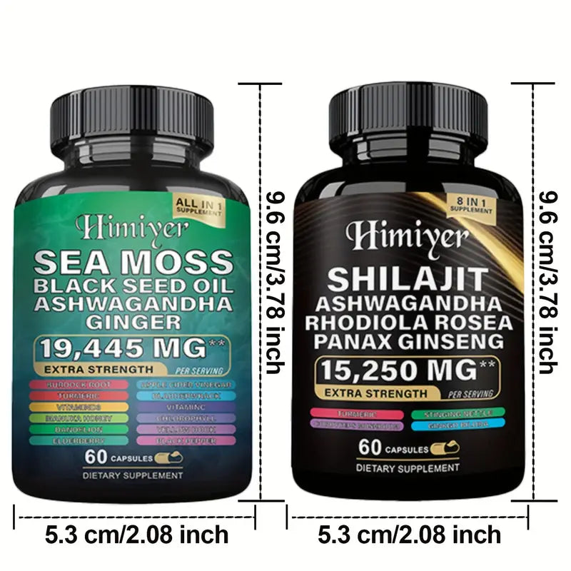 Ultimate Sea Moss & Shilajit Complex, All-in-One Supplement Sea Moss 7000mg, Shilajit 9000mg, Ashwagandha 2000mg, Black Seed Oil 4000mg, Ginkgo Biloba 500mg, Turmeric 2000mg, Rhodiola Rosea 1000mg & More for Energy, Immunity & Wellness, 60 Capsules