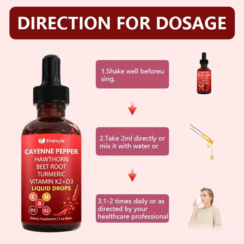 Premium Cayenne Pepper Liquid Drops with Vitamin D3 K2 Complex - Metabolism & Circulation Support Supplement with Turmeric, Ginseng & Hawthorn Berry - Natural Energy Booster for Men & Women - 2 fl oz
