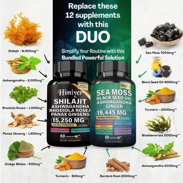 Ultimate Sea Moss & Shilajit Complex, All-in-One Supplement Sea Moss 7000mg, Shilajit 9000mg, Ashwagandha 2000mg, Black Seed Oil 4000mg, Ginkgo Biloba 500mg, Turmeric 2000mg, Rhodiola Rosea 1000mg & More for Energy, Immunity & Wellness, 60 Capsules