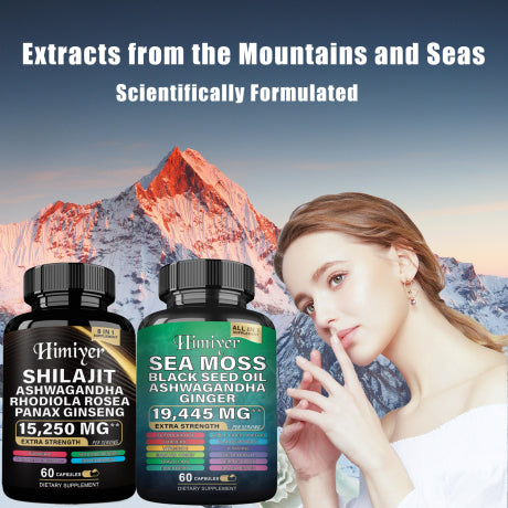 Ultimate Sea Moss & Shilajit Complex, All-in-One Supplement Sea Moss 7000mg, Shilajit 9000mg, Ashwagandha 2000mg, Black Seed Oil 4000mg, Ginkgo Biloba 500mg, Turmeric 2000mg, Rhodiola Rosea 1000mg & More for Energy, Immunity & Wellness, 60 Capsules
