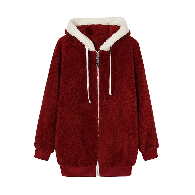Women’s Hooded Fleece Jacket with Zipper and Pockets, Red Wine/White, XL