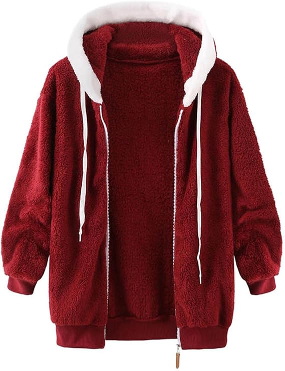 Women’s Hooded Fleece Jacket with Zipper and Pockets, Red Wine/White, XL