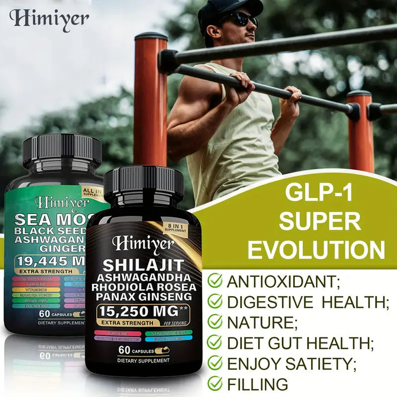 Ultimate Sea Moss & Shilajit Complex, All-in-One Supplement Sea Moss 7000mg, Shilajit 9000mg, Ashwagandha 2000mg, Black Seed Oil 4000mg, Ginkgo Biloba 500mg, Turmeric 2000mg, Rhodiola Rosea 1000mg & More for Energy, Immunity & Wellness, 60 Capsules