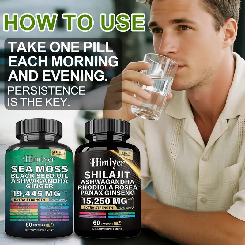Ultimate Sea Moss & Shilajit Complex, All-in-One Supplement Sea Moss 7000mg, Shilajit 9000mg, Ashwagandha 2000mg, Black Seed Oil 4000mg, Ginkgo Biloba 500mg, Turmeric 2000mg, Rhodiola Rosea 1000mg & More for Energy, Immunity & Wellness, 60 Capsules