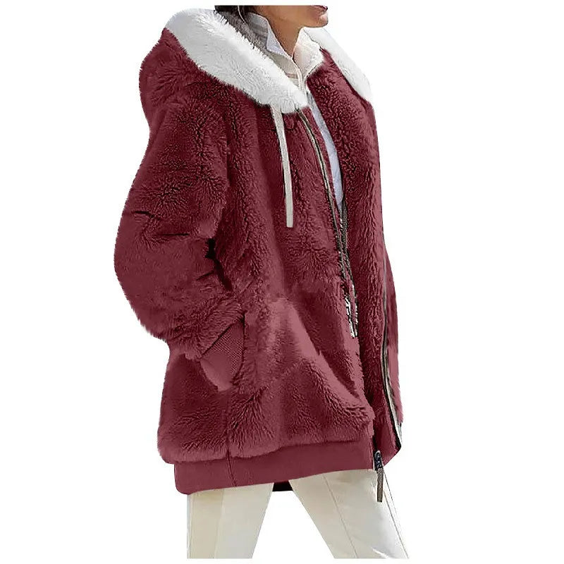 Women’s Hooded Fleece Jacket with Zipper and Pockets, Red Wine/White, XL
