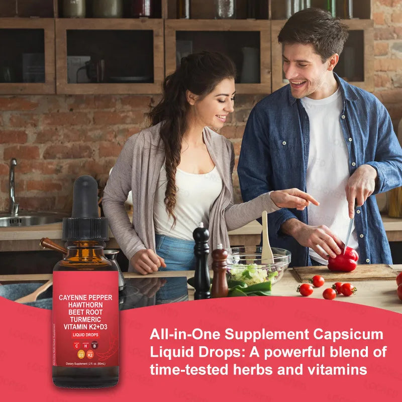 Premium Cayenne Pepper Liquid Drops with Vitamin D3 K2 Complex - Metabolism & Circulation Support Supplement with Turmeric, Ginseng & Hawthorn Berry - Natural Energy Booster for Men & Women - 2 fl oz