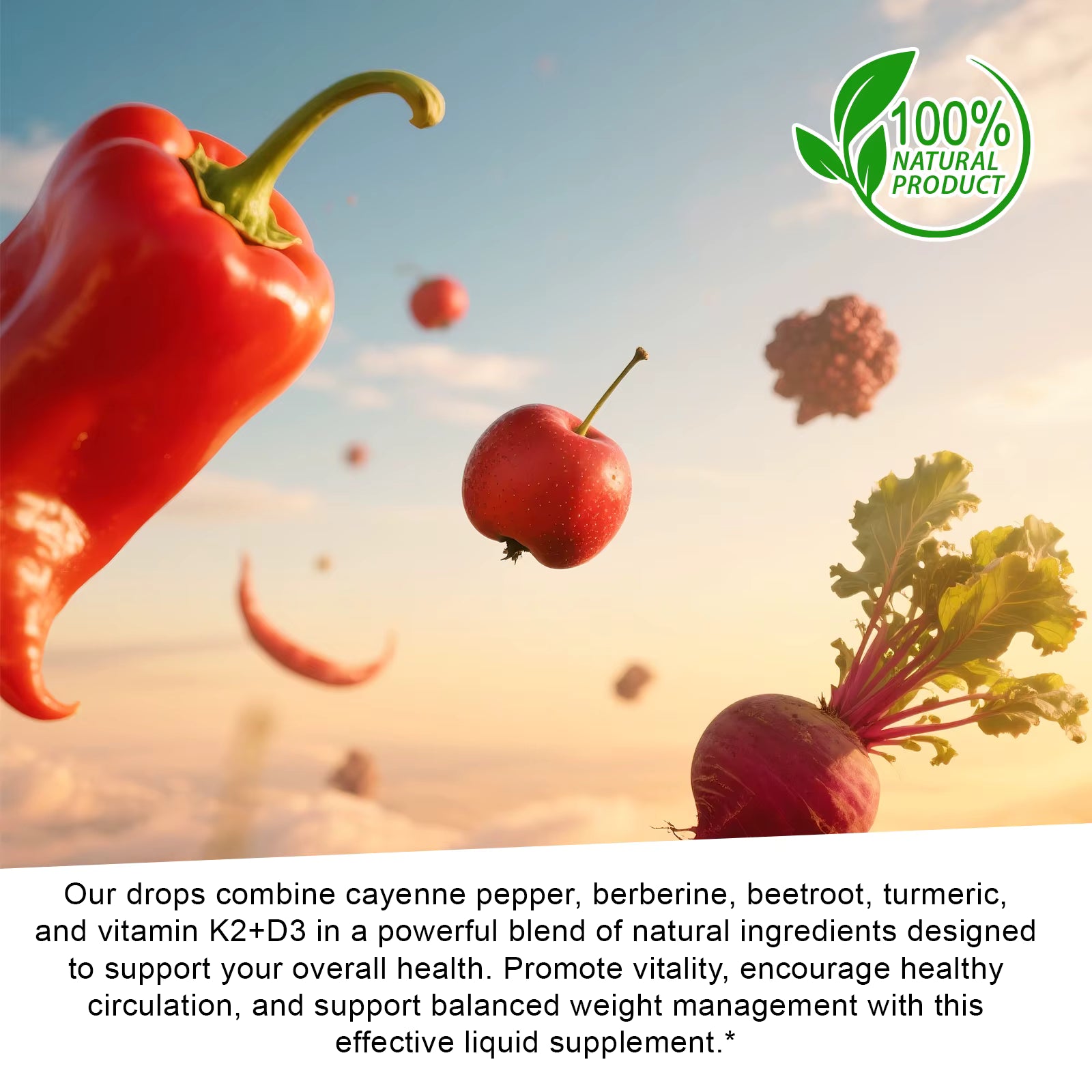 Premium Cayenne Pepper Liquid Drops with Vitamin D3 K2 Complex - Metabolism & Circulation Support Supplement with Turmeric, Ginseng & Hawthorn Berry - Natural Energy Booster for Men & Women - 2 fl oz