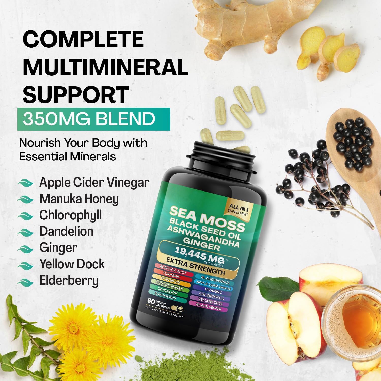 Ultimate Sea Moss & Shilajit Complex, All-in-One Supplement Sea Moss 7000mg, Shilajit 9000mg, Ashwagandha 2000mg, Black Seed Oil 4000mg, Ginkgo Biloba 500mg, Turmeric 2000mg, Rhodiola Rosea 1000mg & More for Energy, Immunity & Wellness, 60 Capsules