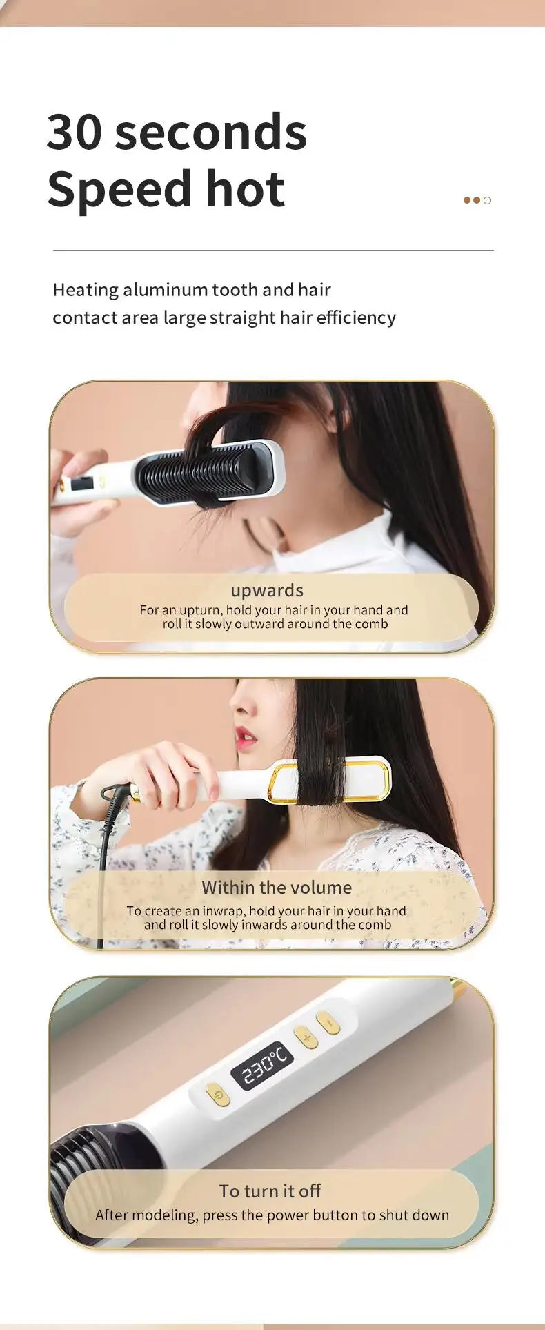 3-in-1 Ceramic Fast-Heating Hair Straightener Comb with Negative Ions - Anti-Scald, 5-Temp Settings & LCD Display for All Hair & Beard Types, White