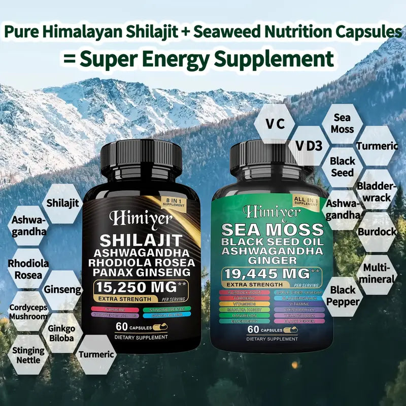 Ultimate Sea Moss & Shilajit Complex, All-in-One Supplement Sea Moss 7000mg, Shilajit 9000mg, Ashwagandha 2000mg, Black Seed Oil 4000mg, Ginkgo Biloba 500mg, Turmeric 2000mg, Rhodiola Rosea 1000mg & More for Energy, Immunity & Wellness, 60 Capsules