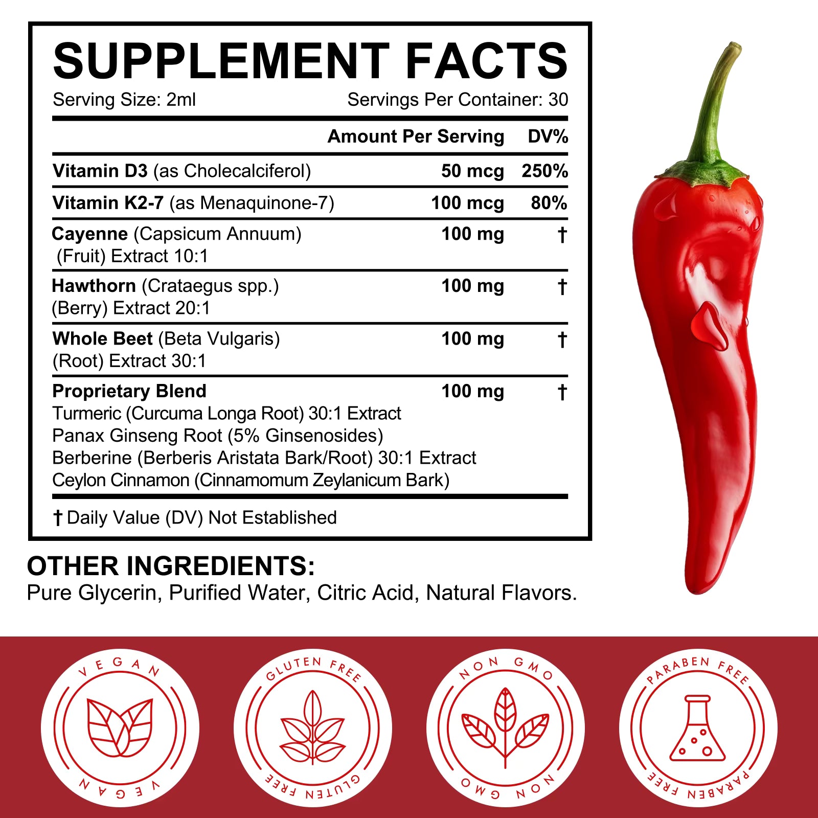 Premium Cayenne Pepper Liquid Drops with Vitamin D3 K2 Complex - Metabolism & Circulation Support Supplement with Turmeric, Ginseng & Hawthorn Berry - Natural Energy Booster for Men & Women - 2 fl oz