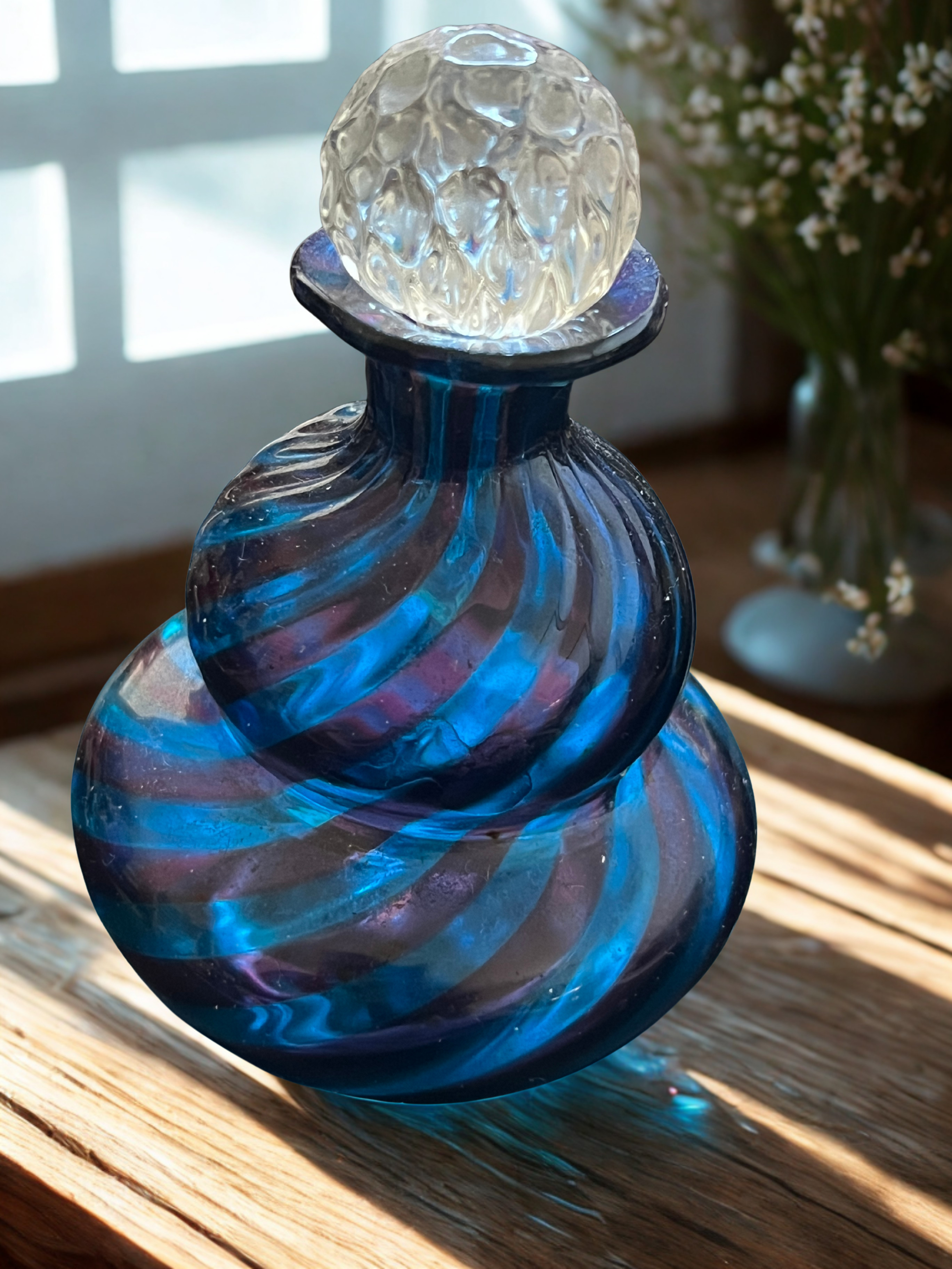 Art Glass Swirl Perfume Bottle Cobalt Blue Purple Murano Style Bubble Stopper 4.75"