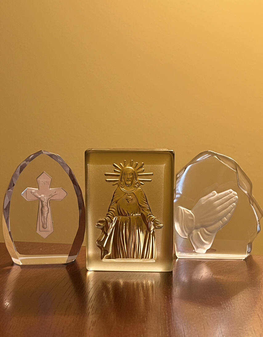 3 Pc Catholic RCIA OCIA Gift Set Vintage Glass Sacred Heart Praying Hands Crucifix