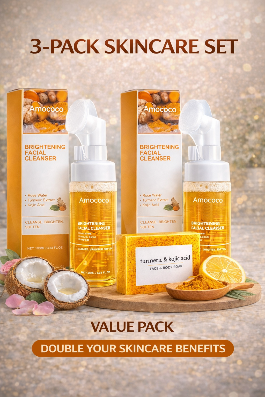Ultimate 3-Piece Turmeric & Kojic Acid Skincare Bundle - 2 Brightening Facial Cleansers + 1 Face & Body Soap