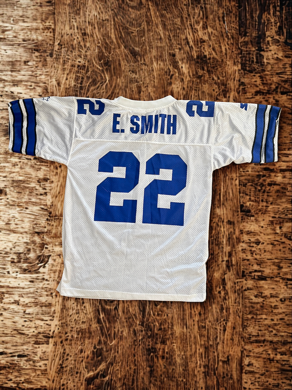 Iconic 90s Vintage Dallas Cowboys Emmitt Smith #22 Starter Jersey - White/Blue Mesh (Size 48/L)