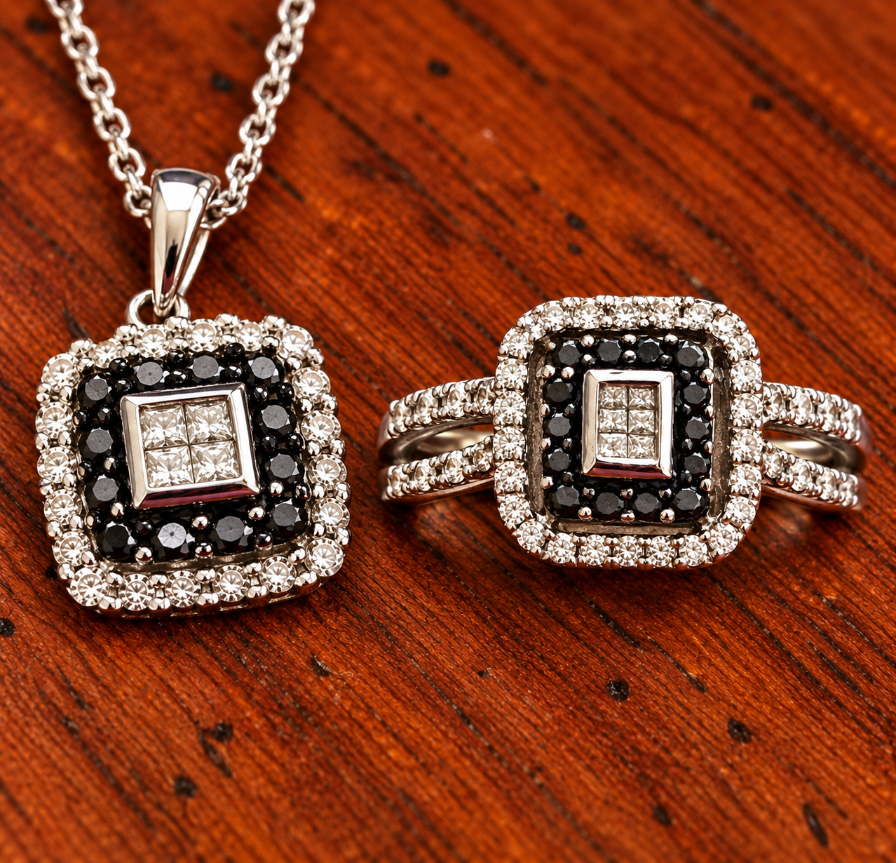 10K White Gold JWBR Black & White Diamond Ring & Necklace Set