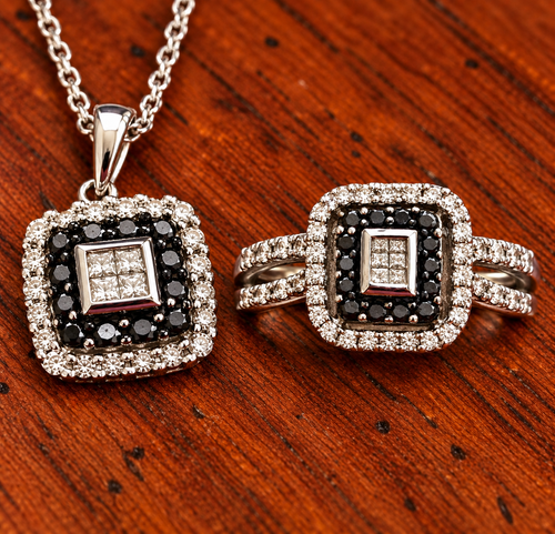 10K White Gold JWBR Black & White Diamond Ring & Necklace Set