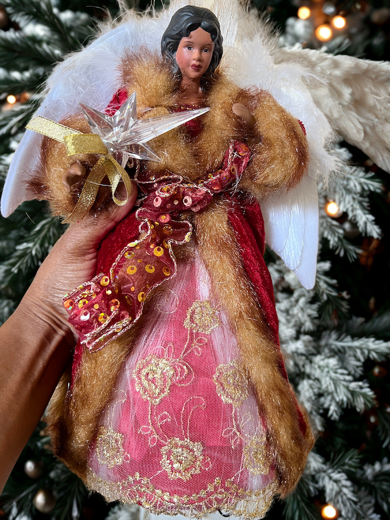 12" African American Angel Tree Topper, LED Color Changing Lighted Star