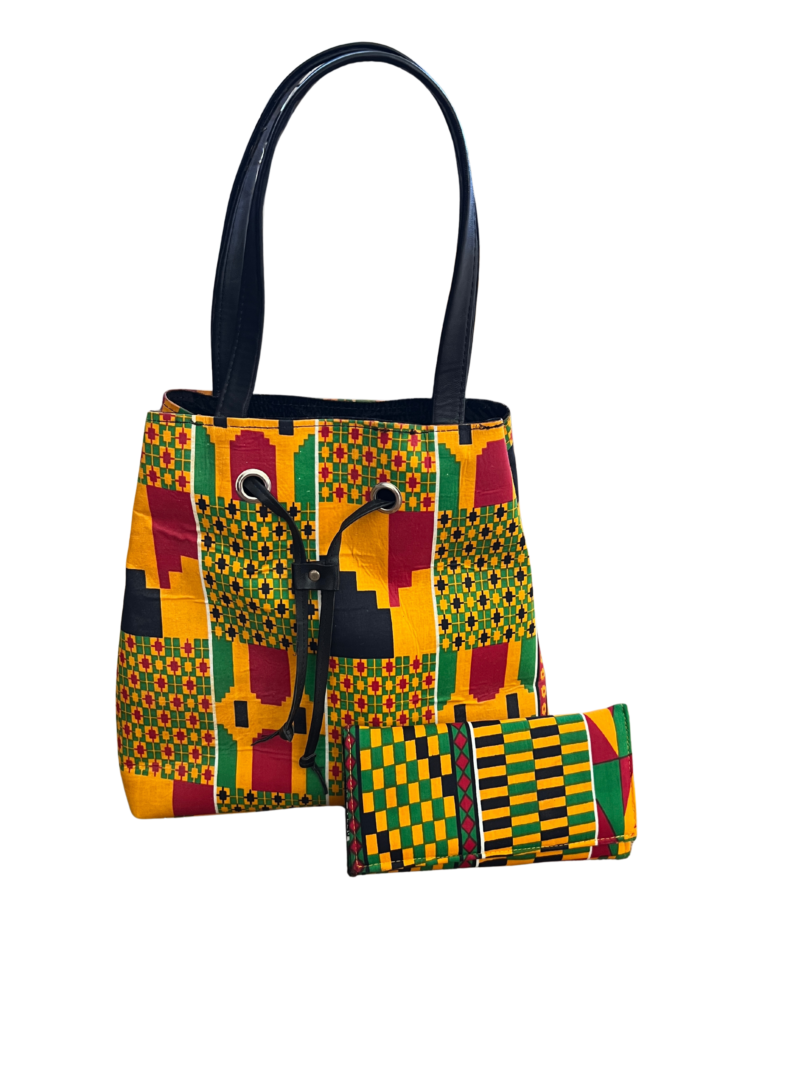 African Kente Print Bucket Shoulder Bag & Matching Wallet – Handmade Ankara Set
