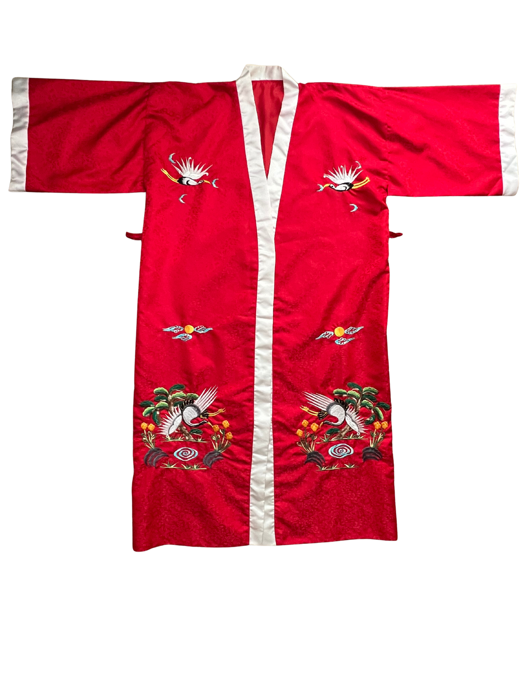 Vintage Red Embroidered Crane Kimono Robe, Crimson Floral Jacquard Satin Robe, Full Length Asian Inspired Dressing Gown