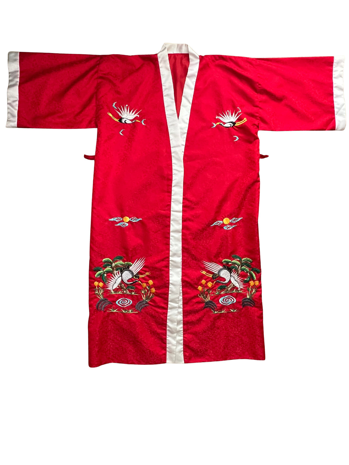 Vintage Red Embroidered Crane Kimono Robe, Crimson Floral Jacquard Satin Robe, Full Length Asian Inspired Dressing Gown