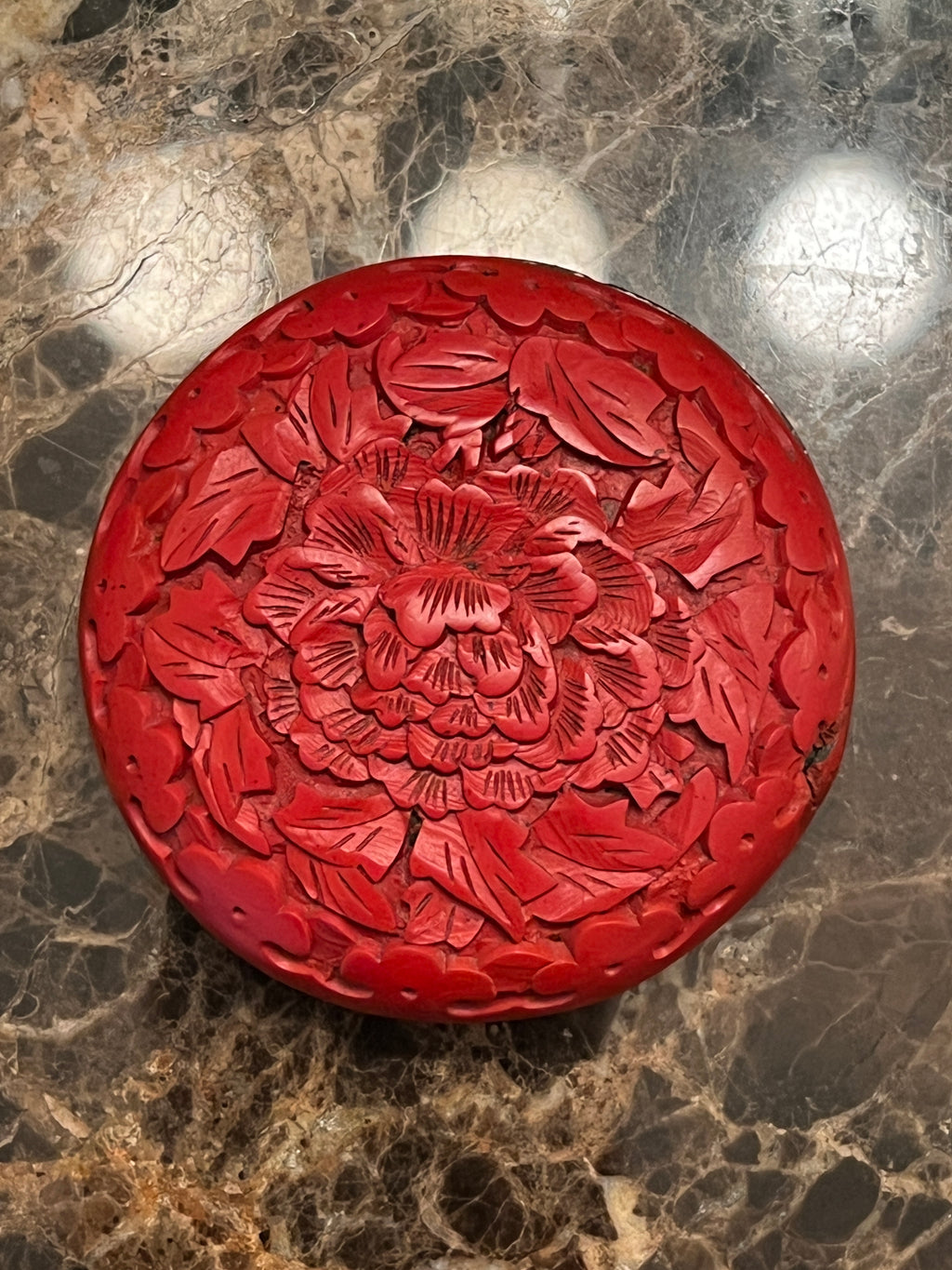 Vintage Chinese Hand-Carved Round Cinnabar Lacquer Trinket Box: Peony of Prosperity