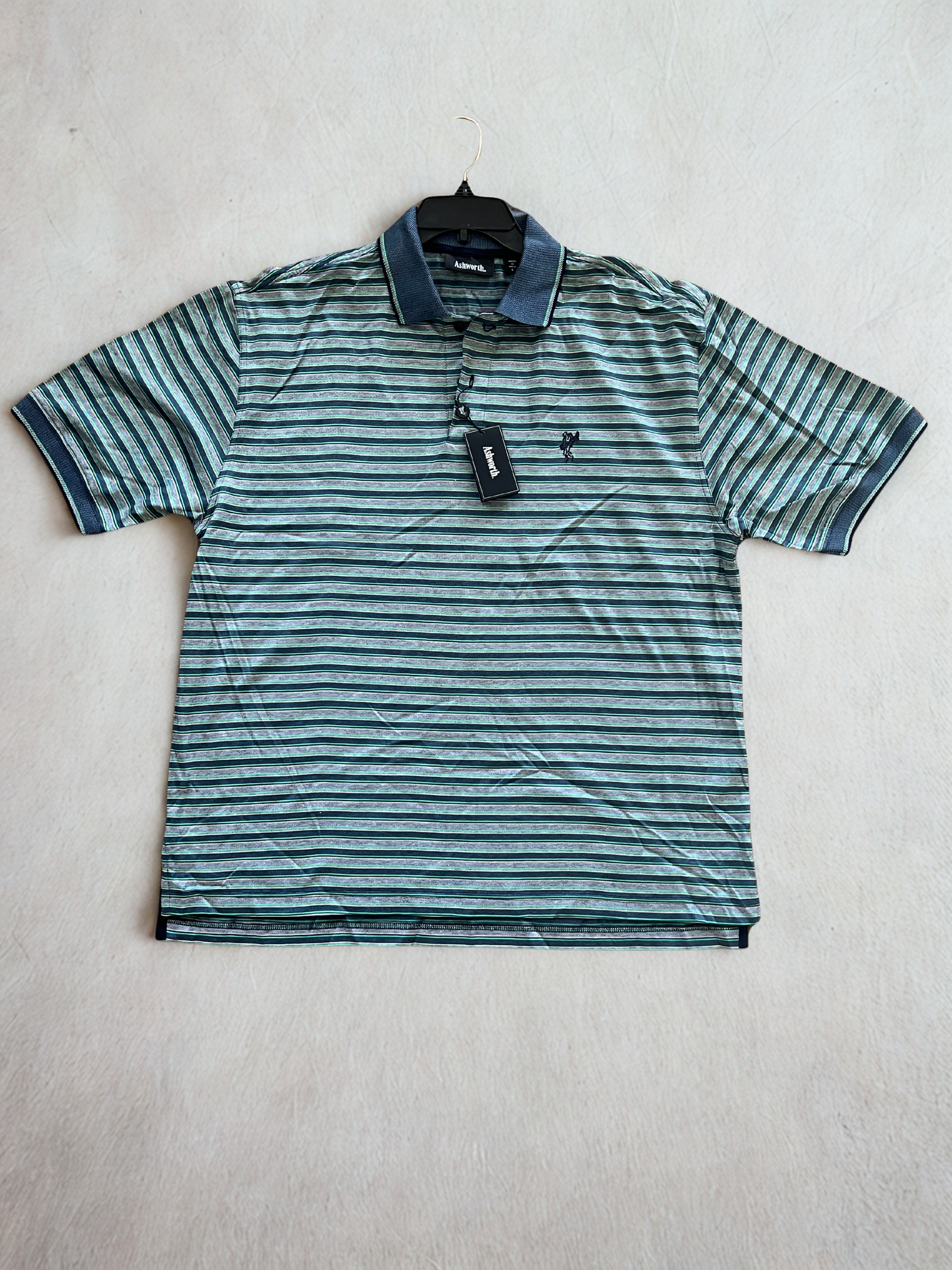 Ashworth NWT Vintage Signature Striped Polo | Double Mercerized Cotton | Blue, Green & White (Men's Large)